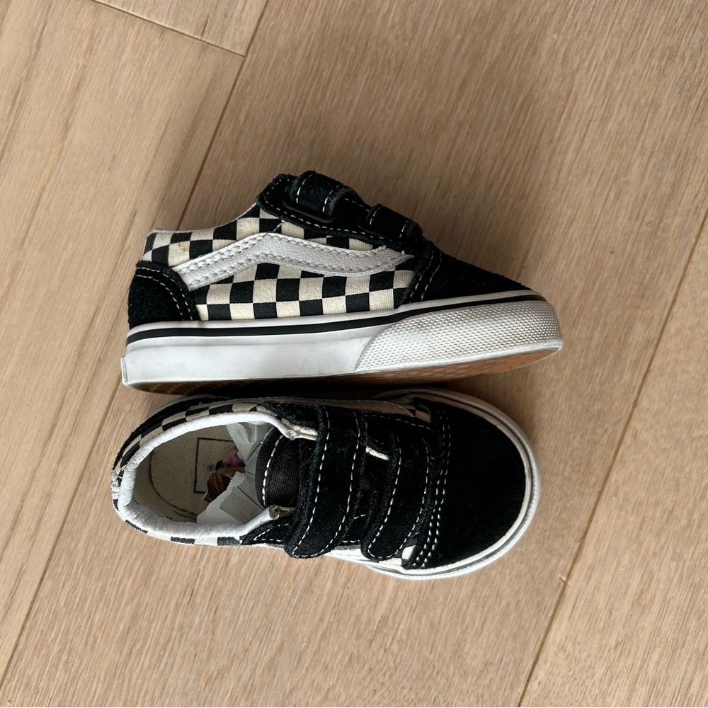 Vans Black and White Checkerboard Sneakers with Velcro Straps
